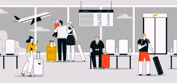 Vector lineaire illustratie van passagiers met bagage op de luchthaven — Stockvector