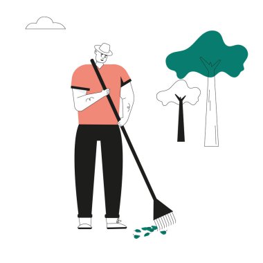 Adam sonbahar yapraklarını tırmıklıyor, çiftçi çiftlikte çalışıyor.