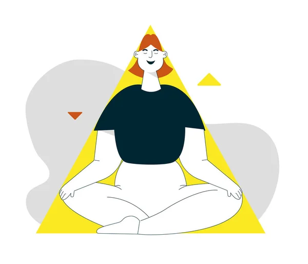 Vector linear character illustration of woman meditates at triangle shape — Stock Vector