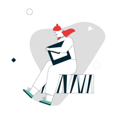 Kadının vektör doğrusal karakter çizimi e- posta düğmesi taşıyor