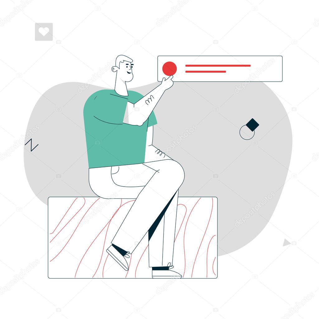 Vector linear character illustration of man points on text notification