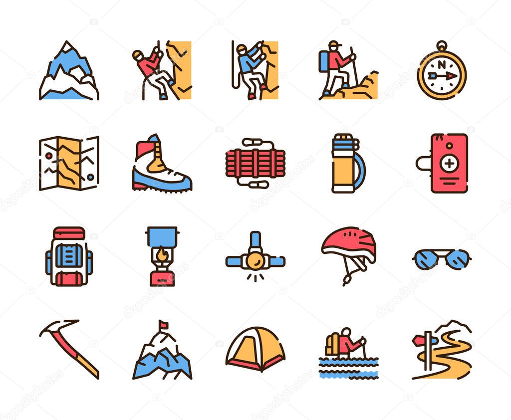 Vector color linear icon set of climbing, hiking