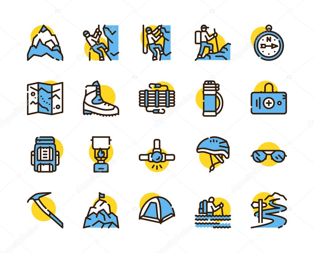 Vector color linear icon set of climbing, hiking