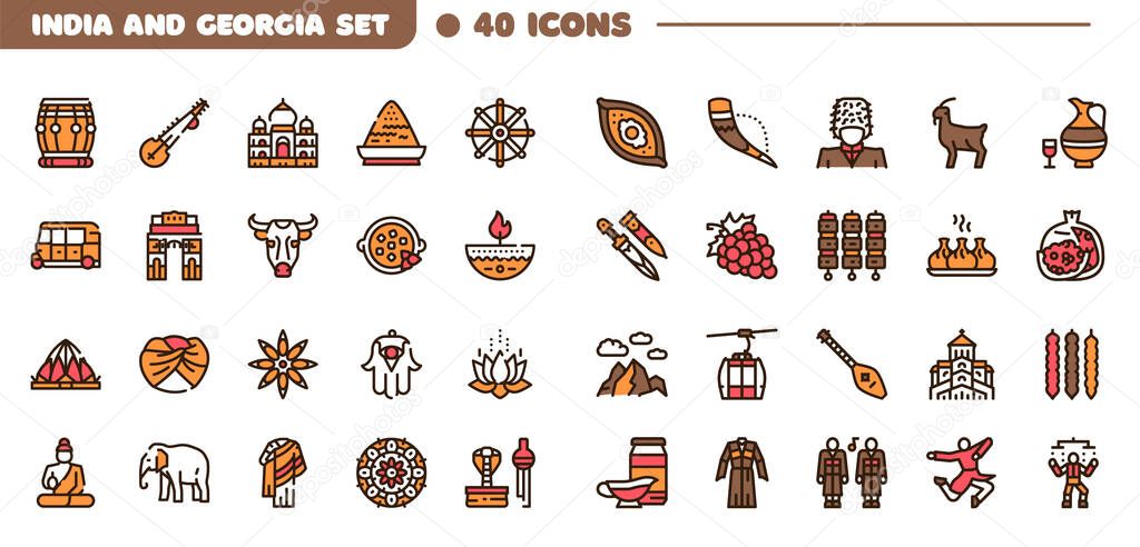 India and Georgia color linear icon set. Georgian culture, food and traditions