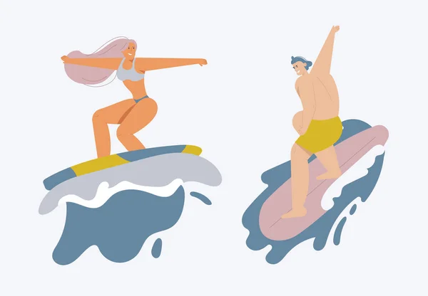 Jeunes gens chevauchant sur des planches de surf ensemble, camping-car vintage — Image vectorielle