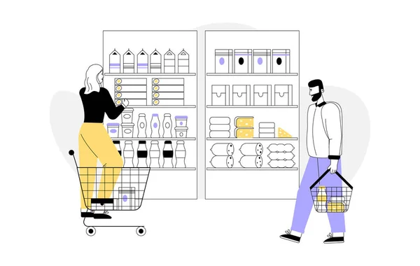 Ilustracja charakteru wektorowego klientów w supermarkecie w graficznym stylu liniowym — Wektor stockowy