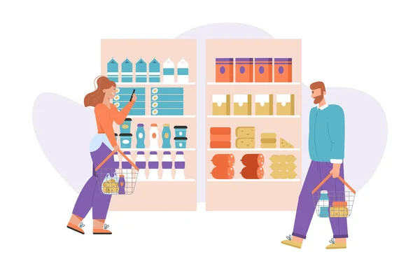 Векторная иллюстрация характера покупателей в супермаркете — стоковый вектор