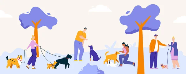 Pasatiempo de la gente con perros en el parque de la ciudad, pasear con mascotas — Vector de stock