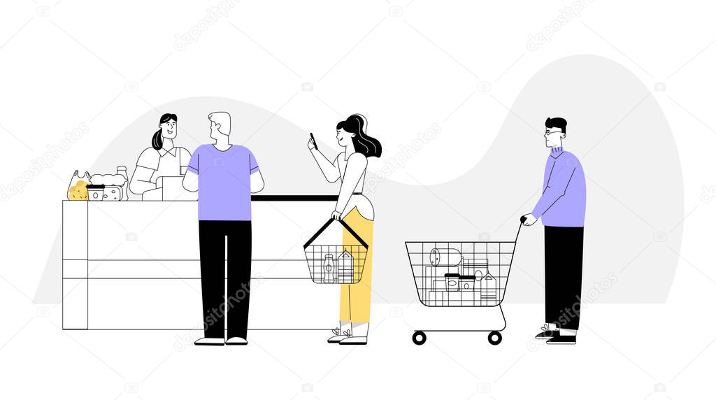 Vector character illustration of customers at supermarket in graphic linear style