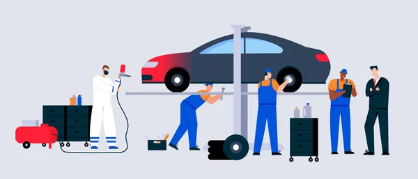 汽车维修和保养现场，维修车间的技术人员团队 — 图库矢量图片