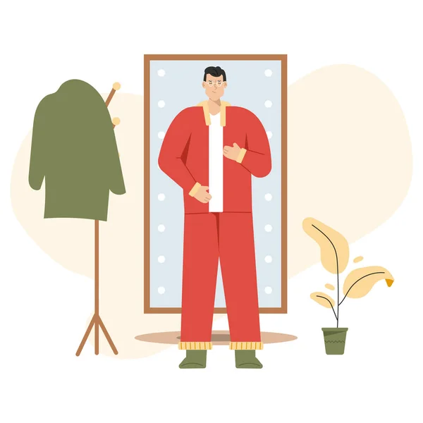 Homem se veste na frente do espelho de comprimento total —  Vetores de Stock