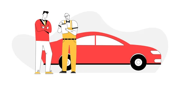 Mécanicien automobile établit un accord, client de facturation dans le service de voiture — Image vectorielle