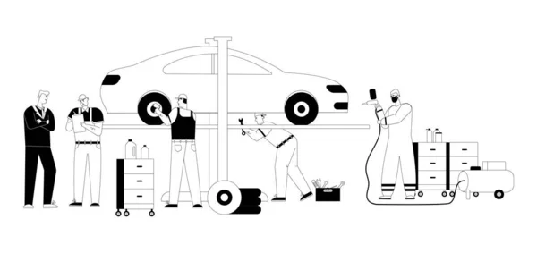 Automatikus szerelő csapat ellenőrzi autó, javítás kerék, airbrush festés a garázsban — Stock Vector