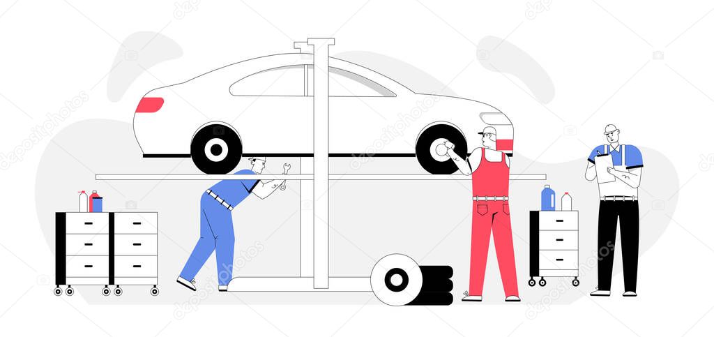Auto mechanic inspect automobile, repairs wheel, draws up agreement