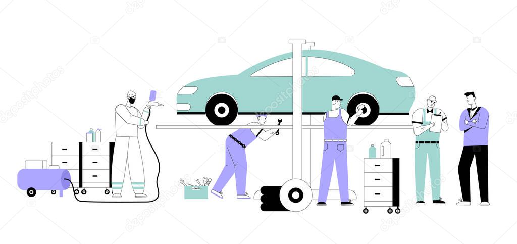 Vector character illustration of maintenance automobile, car service