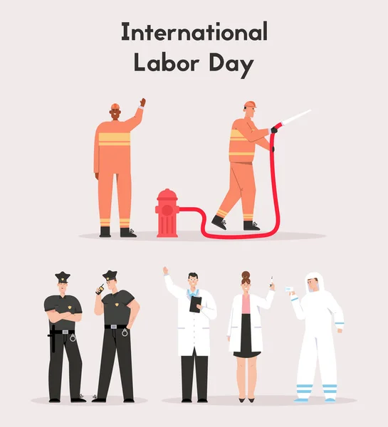 Conceito do Dia Internacional do Trabalho. Profissões de salvamento de vidas em emergências —  Vetores de Stock