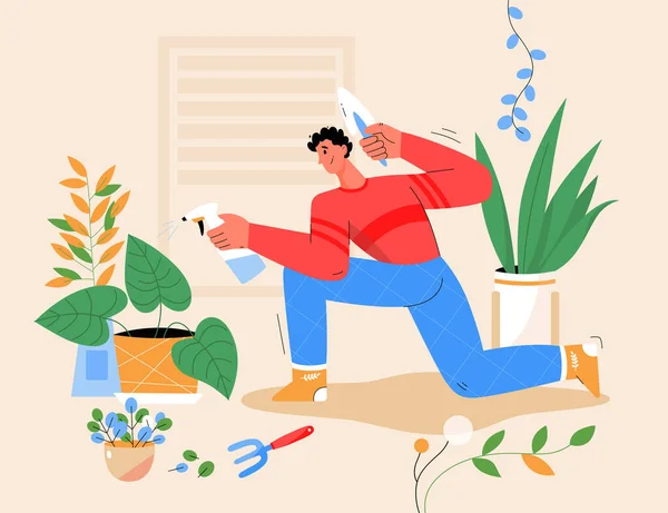 Hombre sonriente plantando planta de interior en casa, regando flores en macetas — Archivo Imágenes Vectoriales