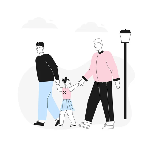 Feliz familia LGBT masculina con hija caminando — Vector de stock