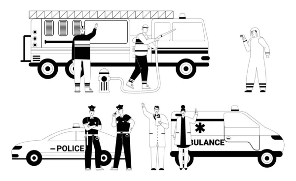 Oficiales de policía, bomberos, médicos y enfermeros — Vector de stock