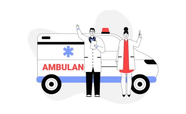 Doktor ve hemşire ambulans arabasının yanında.
