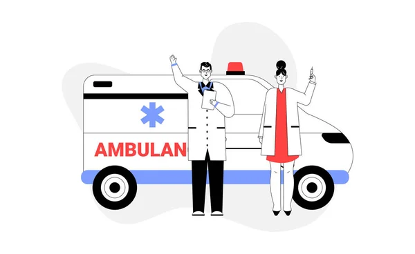Arzt und Krankenschwester stehen neben Krankenwagen — Stockvektor
