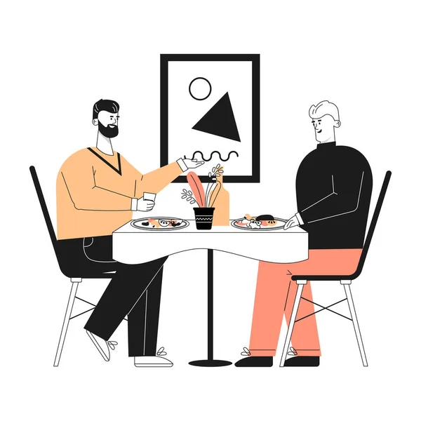 Гей-пара разговаривает, ест в кафе, романтический ужин — стоковый вектор