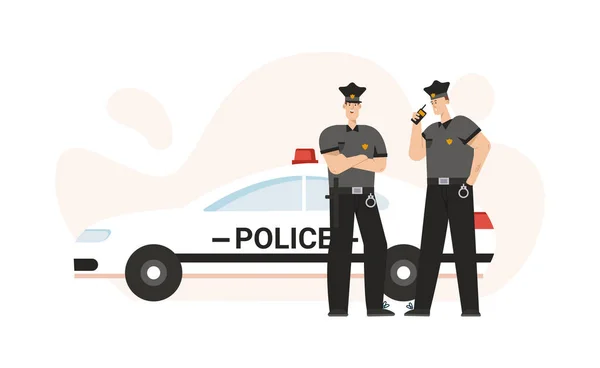 Police officers in uniform, handcuffs, standing near car — Stock Vector