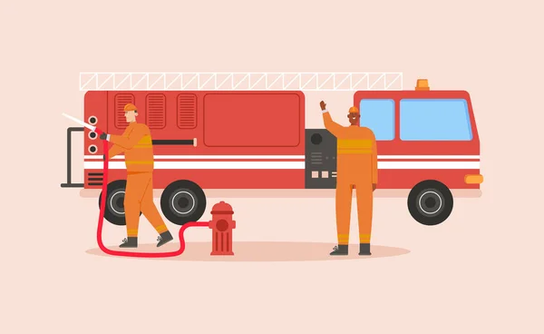 Equipe de bombeiros com cena isolada de caminhão de bombeiros — Vetor de Stock