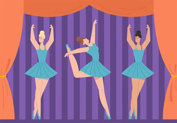 Bailarinas elegantes en tutus bailando en el escenario del teatro — Vector de stock