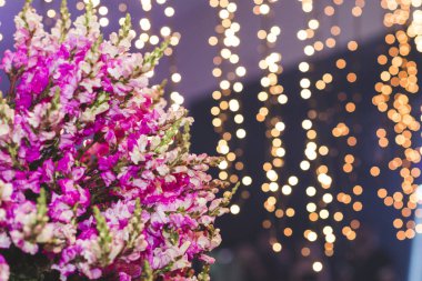 Noel ışıkları arka plan bulanık çiçeklerle. Döngüsel yansımalar.