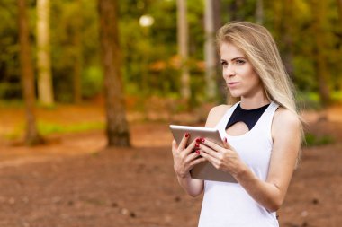 Kuru üzerinde oturan sarışın model okuma onun tablet üzerinde sopa. Gün batımında bulanık arka plan