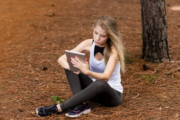 Kuru üzerinde oturan sarışın model okuma onun tablet üzerinde sopa. Gün batımında bulanık arka plan