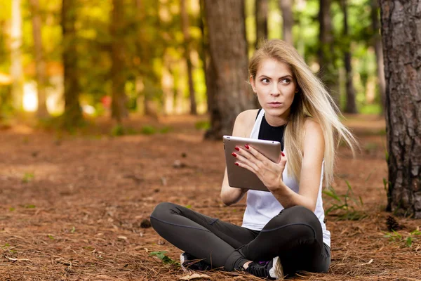 Kuru üzerinde oturan sarışın model okuma onun tablet üzerinde sopa. Gün batımında bulanık arka plan