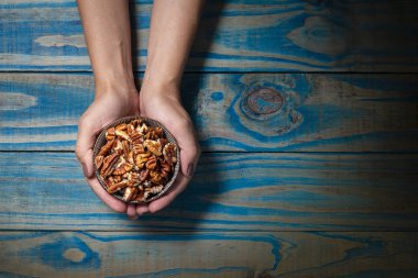 Esmer modeli ceviz ile seramik bardak cevizli mavi ahşap arka plan holding.