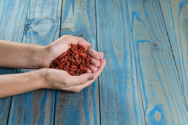 Goji berry dry. Female hand holding goji berry dry leaning on blue pinus background.