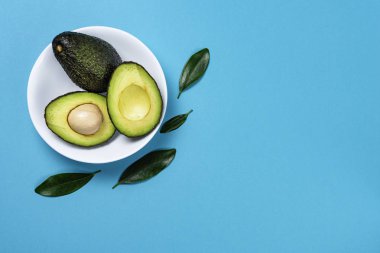 Siyan arka planda seramik tencere içinde avokado.