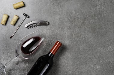 Oenoloji için aksesuarlar. Beton arka planda şarap ile Fincan. Kopyalama Alanı.