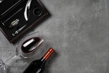 Oenoloji için aksesuarlar. Beton arka planda şarap ile Fincan. Kopyalama Alanı.