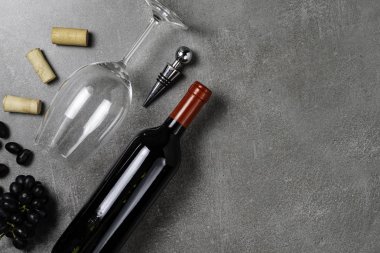 Beton arka planda şarap, cam ve üzüm şişesi. Kopyalama Alanı.