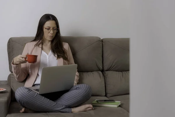 Güzel Kadın Kanepede Oturan Çay Içme Dizüstü Bilgisayar Kullanarak — Stok fotoğraf
