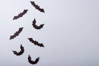 Cadılar Bayramı ve dekorasyon konsepti, gri arka planda uçan siyah kağıt yarasalar.