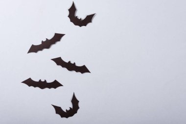 Cadılar Bayramı ve dekorasyon konsepti, gri arka planda uçan siyah kağıt yarasalar.