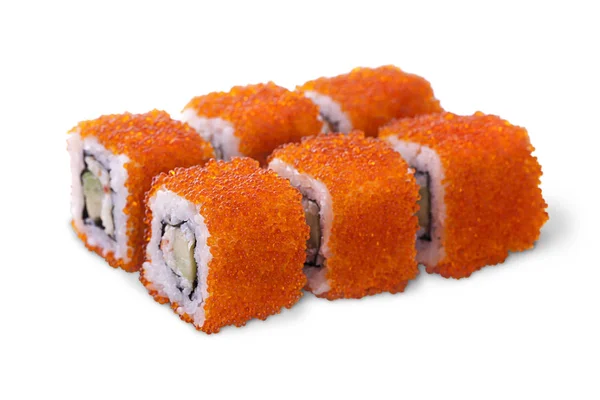 Jeden Zestaw California Rolls Pokryte Pomarańczowy Tobiko Lub Masago Kawior — Zdjęcie stockowe