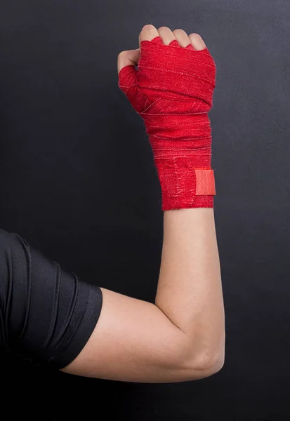 Vrouwelijke Hand Een Bandage Met Rode Boksen Tape Verhoogd Naar — Stockfoto