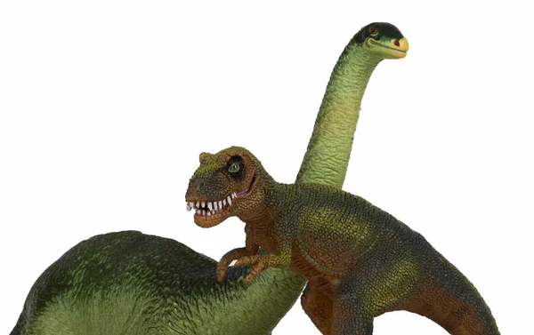 Grüne Dinosaurier Diplodoc Und Tyrannosaurus Rex Plastikspielzeugmodelle Isoliert Auf Weißem — Stockfoto