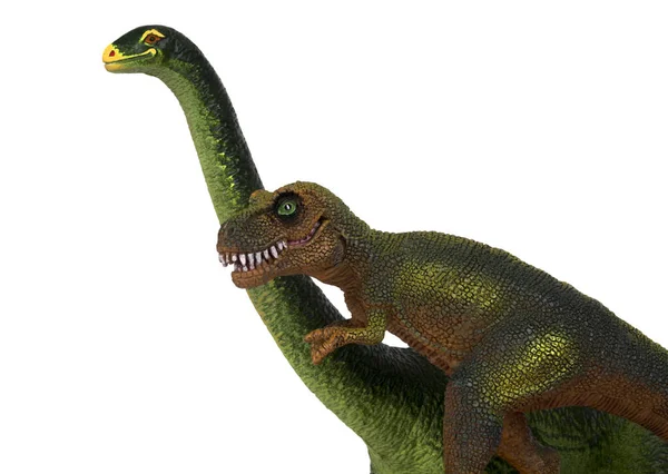 Zielony Dinozaur Diplodoc Tyrannosaurus Rex Plastikowe Zabawki Modele Białym Tle — Zdjęcie stockowe