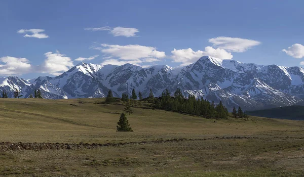 Panorama Uma Estrada Montanha Colinas Verdes Altas Montanhas Nevadas — Fotografia de Stock