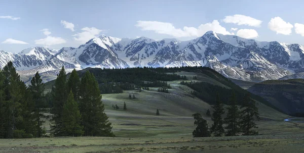 Panorama bir dağ yolda yeşil tepeler ve yüksek karlı dağlar