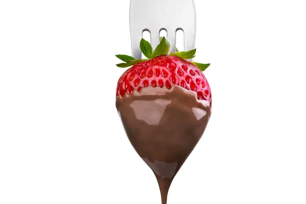 Fondue Fraise Trempée Dans Chocolat Noir Chaud Sur Une Fourchette — Photo