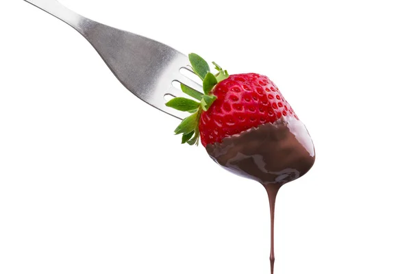 Fondue Erdbeere Heißer Schwarzer Schokolade Getränkt Auf Einer Gabel Isoliert — Stockfoto
